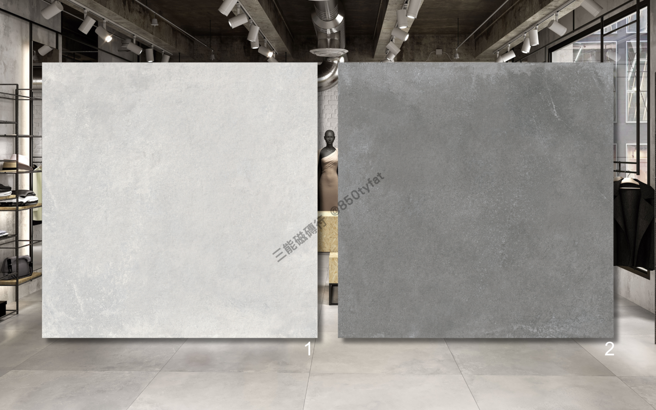 冷調玄岩系列磁磚，深礦灰調與微細岩紋質地融合，適合現代工業風格與精品展示空間使用，三能磁磚行