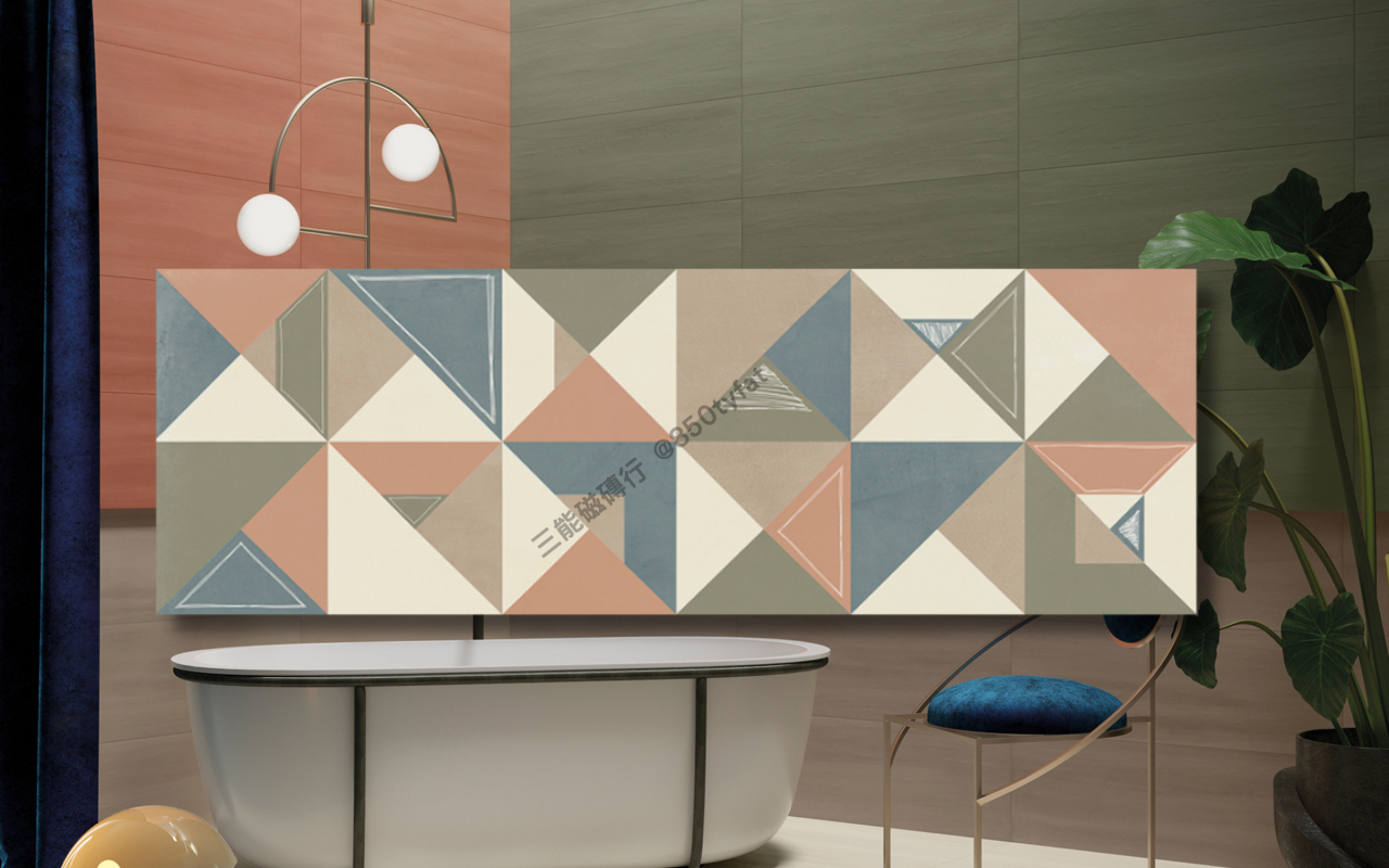 莫德彩磚系列磁磚，包含低彩奶白、霧綠、灰藍與幾何拼花款式，打造風格牆面與童趣空間，三能磁磚行