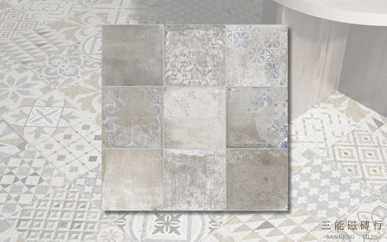 波希印象系列磁磚－原木交織款，以木紋格子結合藍白古典花磚，展現北歐鄉村風格，三能磁磚行