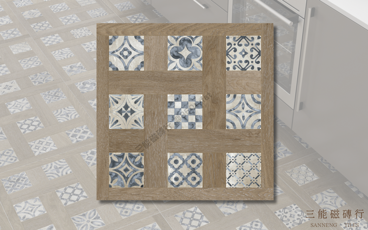 波希印象系列磁磚－原木交織款，以木紋格子結合藍白古典花磚，展現北歐鄉村風格，三能磁磚行