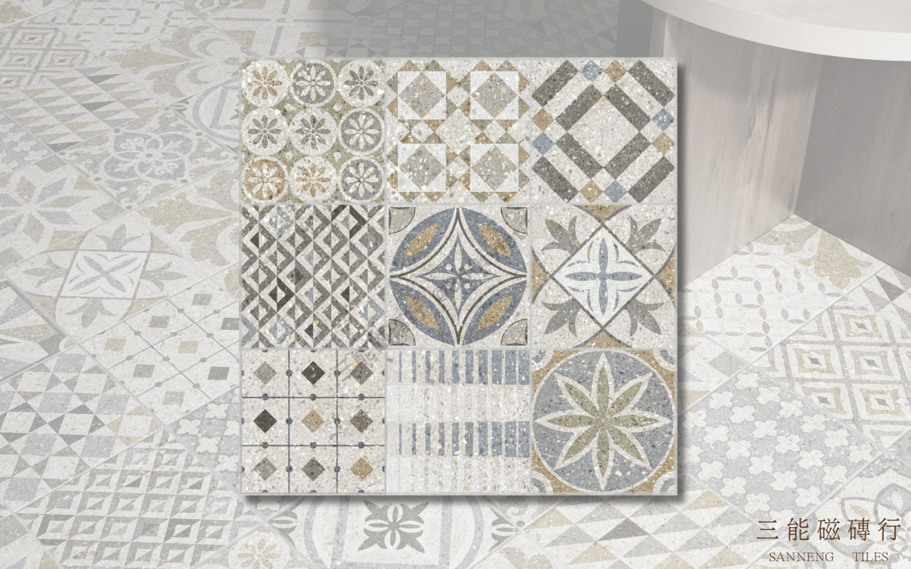 波希印象系列磁磚－原木交織款，以木紋格子結合藍白古典花磚，展現北歐鄉村風格，三能磁磚行