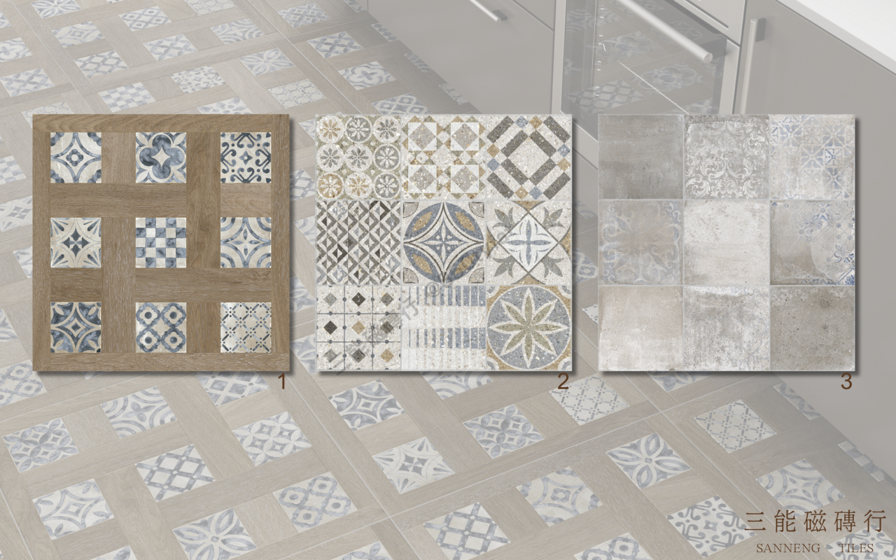 波希印象系列磁磚－原木交織款，以木紋格子結合藍白古典花磚，展現北歐鄉村風格，三能磁磚行