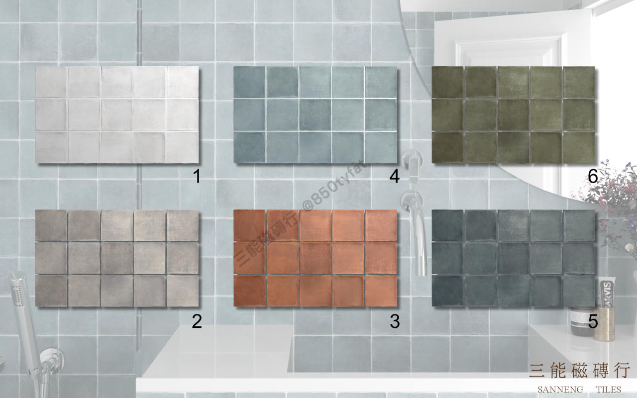 霧彩手感系列磁磚，融合手作質感與霧面柔光，展現自然低彩色調與復古氛圍，適合牆面與空間點綴鋪設，三能磁磚行