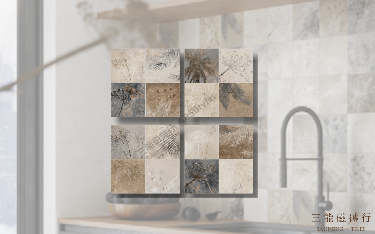曬葉詩集系列磁磚，以植物剪影與光影紋理構成圖騰，融合仿舊質地與溫潤色彩，展現詩意自然風格牆面設計，三能磁磚行