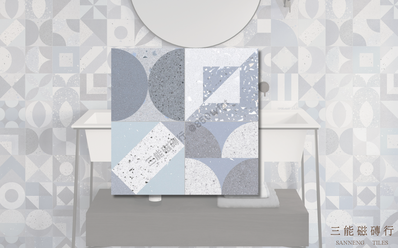 趣構系列磁磚，融合磨石紋理與幾何拼接造型，以柔和色塊與對稱構圖打造現代童趣空間，三能磁磚行