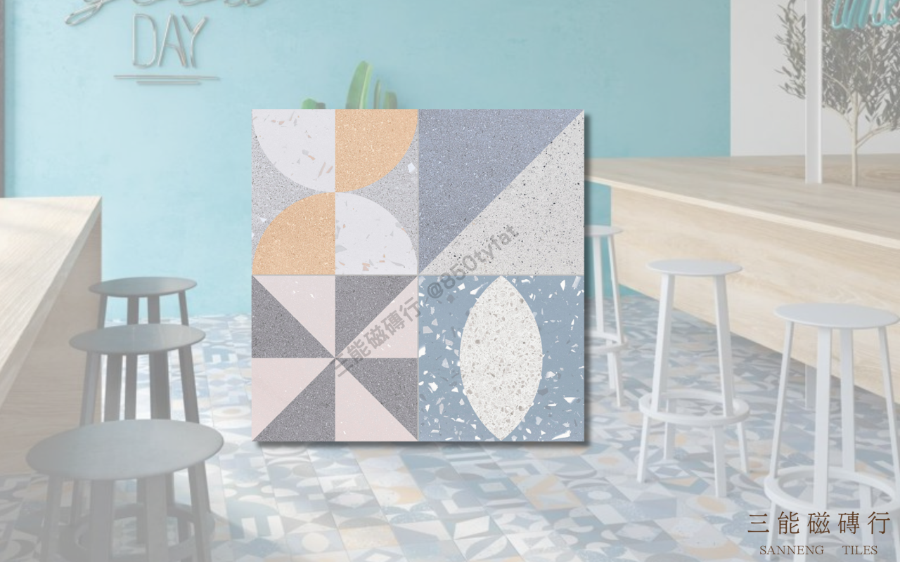 趣構系列磁磚，融合磨石紋理與幾何拼接造型，以柔和色塊與對稱構圖打造現代童趣空間，三能磁磚行