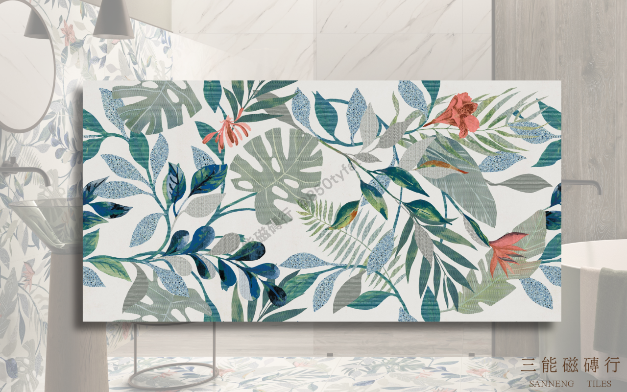 森語花園系列磁磚，融合自然植栽與手繪花卉圖騰，展現森林系與玻璃溫室風格牆面美學，三能磁磚行
