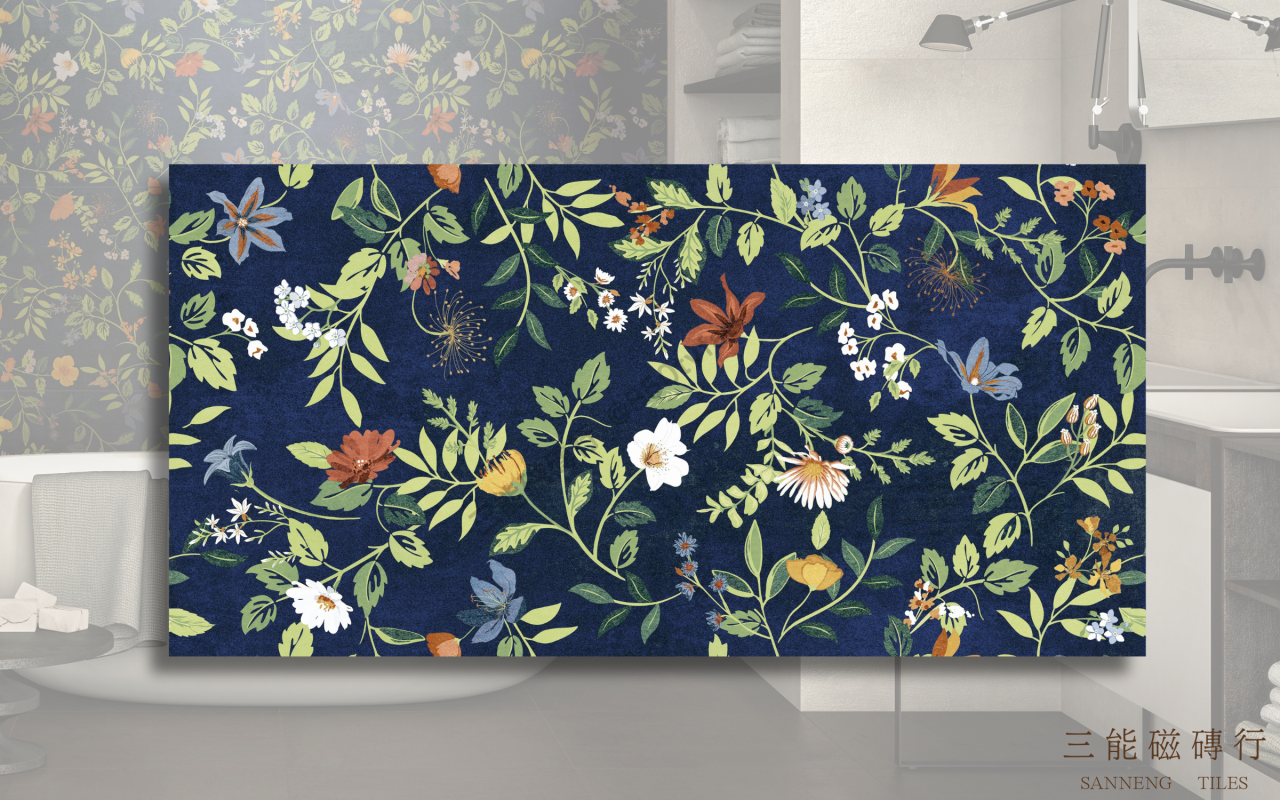 森語花園系列磁磚，融合自然植栽與手繪花卉圖騰，展現森林系與玻璃溫室風格牆面美學，三能磁磚行