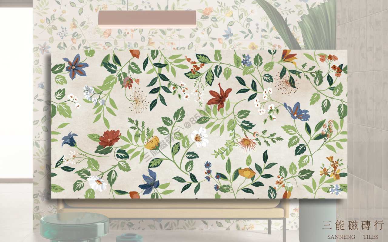 森語花園系列磁磚，融合自然植栽與手繪花卉圖騰，展現森林系與玻璃溫室風格牆面美學，三能磁磚行