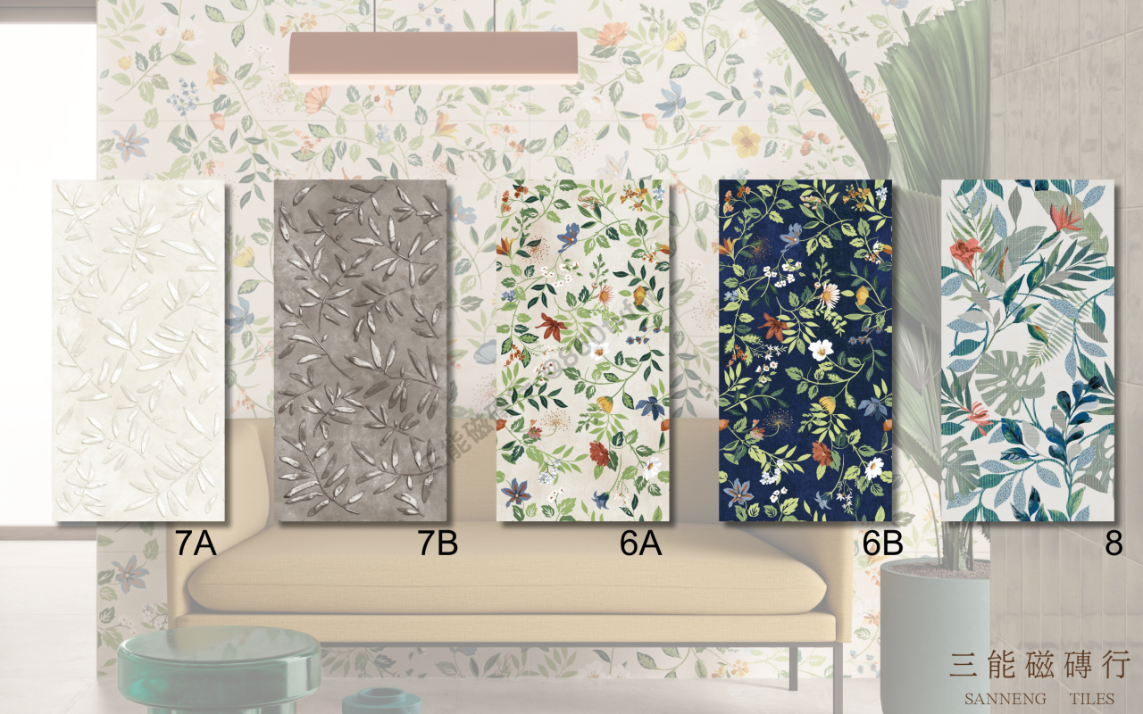 森語花園系列磁磚，融合自然植栽與手繪花卉圖騰，展現森林系與玻璃溫室風格牆面美學，三能磁磚行
