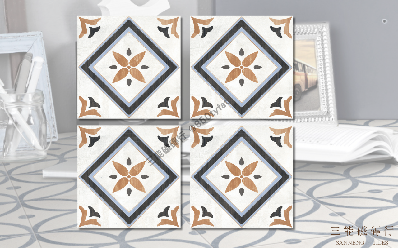 維納斯花磚系列磁磚，融合歐洲經典圖騰與仿舊質感，展現濃厚復古氛圍與藝術設計風格，三能磁磚行
