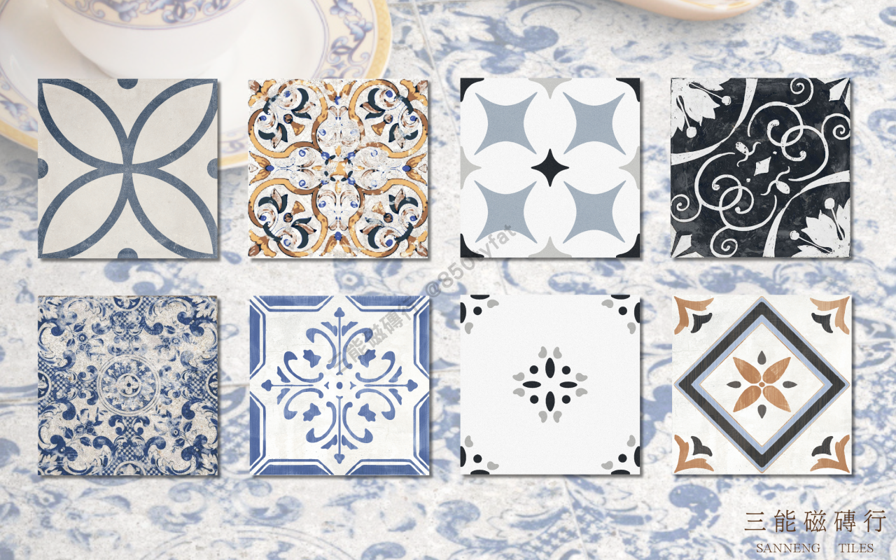 維納斯花磚系列磁磚，融合歐洲經典圖騰與仿舊質感，展現濃厚復古氛圍與藝術設計風格，三能磁磚行