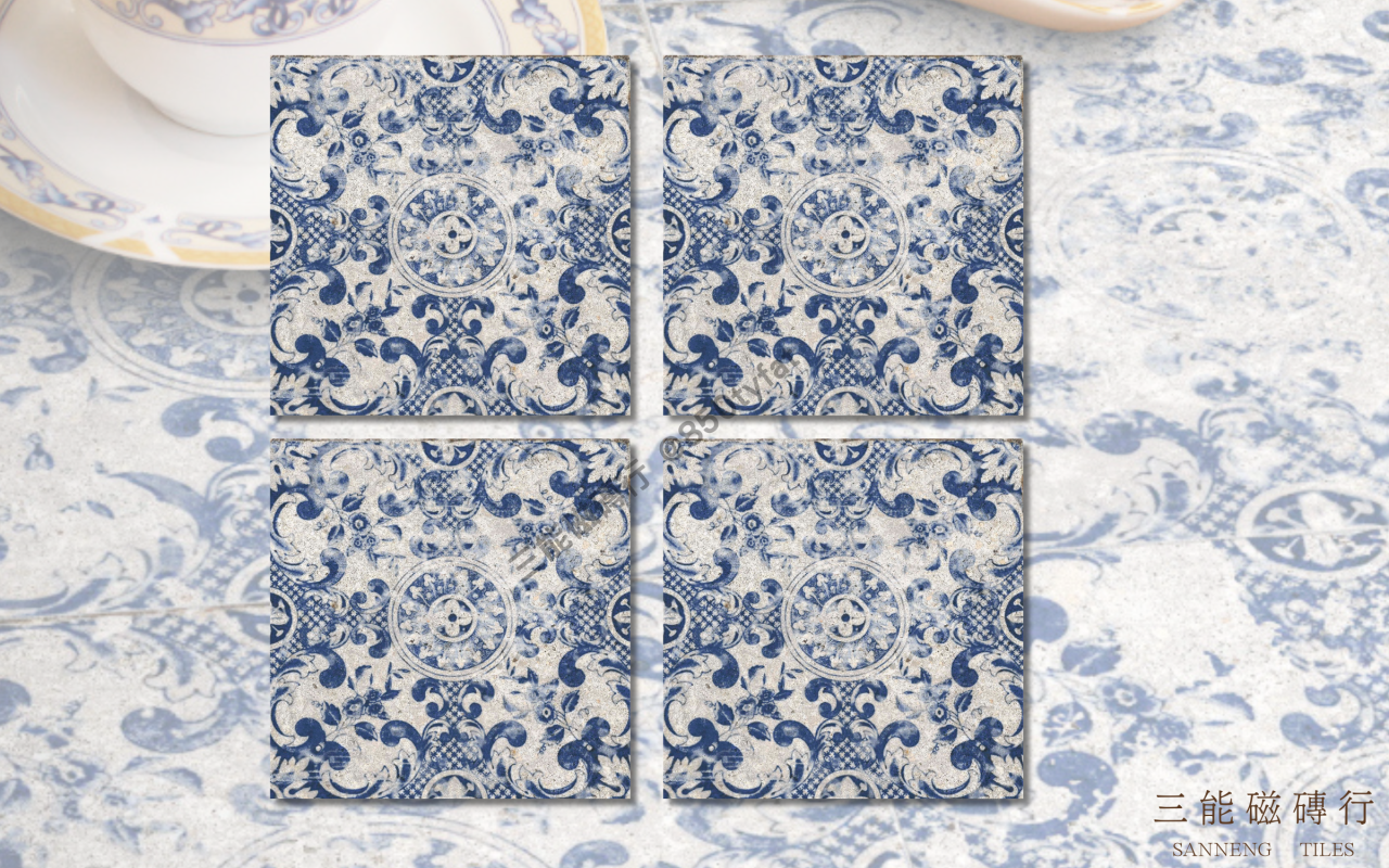維納斯花磚系列磁磚，融合歐洲經典圖騰與仿舊質感，展現濃厚復古氛圍與藝術設計風格，三能磁磚行