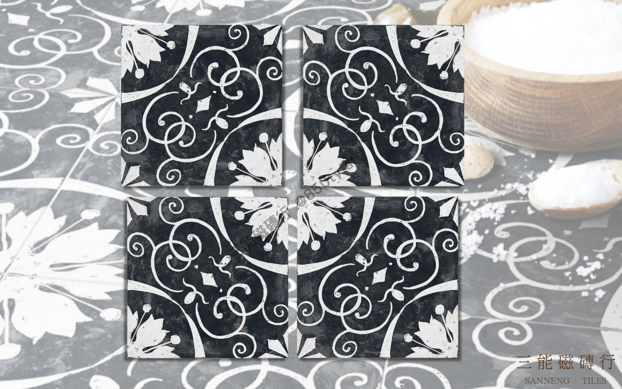 維納斯花磚系列磁磚，融合歐洲經典圖騰與仿舊質感，展現濃厚復古氛圍與藝術設計風格，三能磁磚行