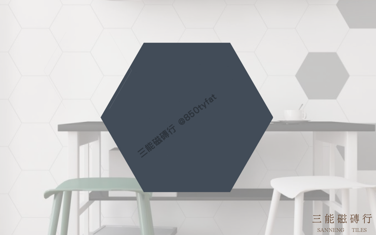 純色蜂巢系列磁磚，以六角幾何造型結合白灰黑黃綠藍等素色霧面設計，展現簡約現代空間風格，三能磁磚行