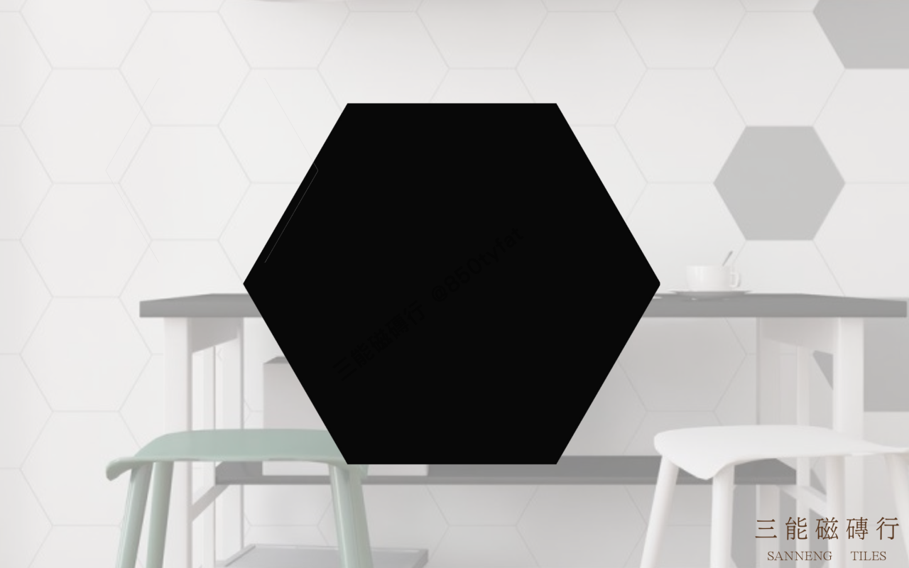 純色蜂巢系列磁磚，以六角幾何造型結合白灰黑黃綠藍等素色霧面設計，展現簡約現代空間風格，三能磁磚行