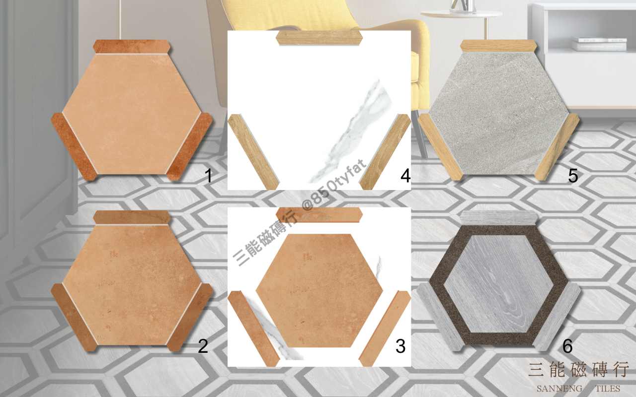 幾何拼嵌系列磁磚，以六角切邊模組搭配木紋、石紋與陶土質感，展現立體拼貼設計與現代幾何風格，三能磁磚行