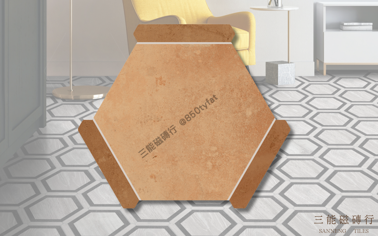 幾何拼嵌系列磁磚，以六角切邊模組搭配木紋、石紋與陶土質感，展現立體拼貼設計與現代幾何風格，三能磁磚行