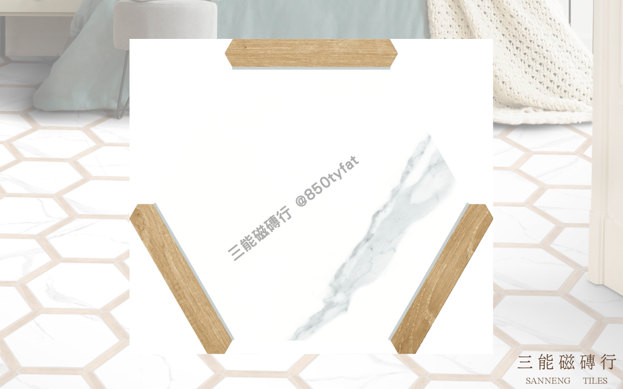 幾何拼嵌系列磁磚，以六角切邊模組搭配木紋、石紋與陶土質感，展現立體拼貼設計與現代幾何風格，三能磁磚行