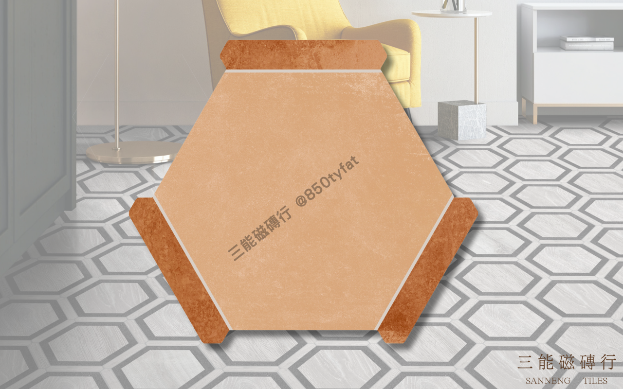 幾何拼嵌系列磁磚，以六角切邊模組搭配木紋、石紋與陶土質感，展現立體拼貼設計與現代幾何風格，三能磁磚行