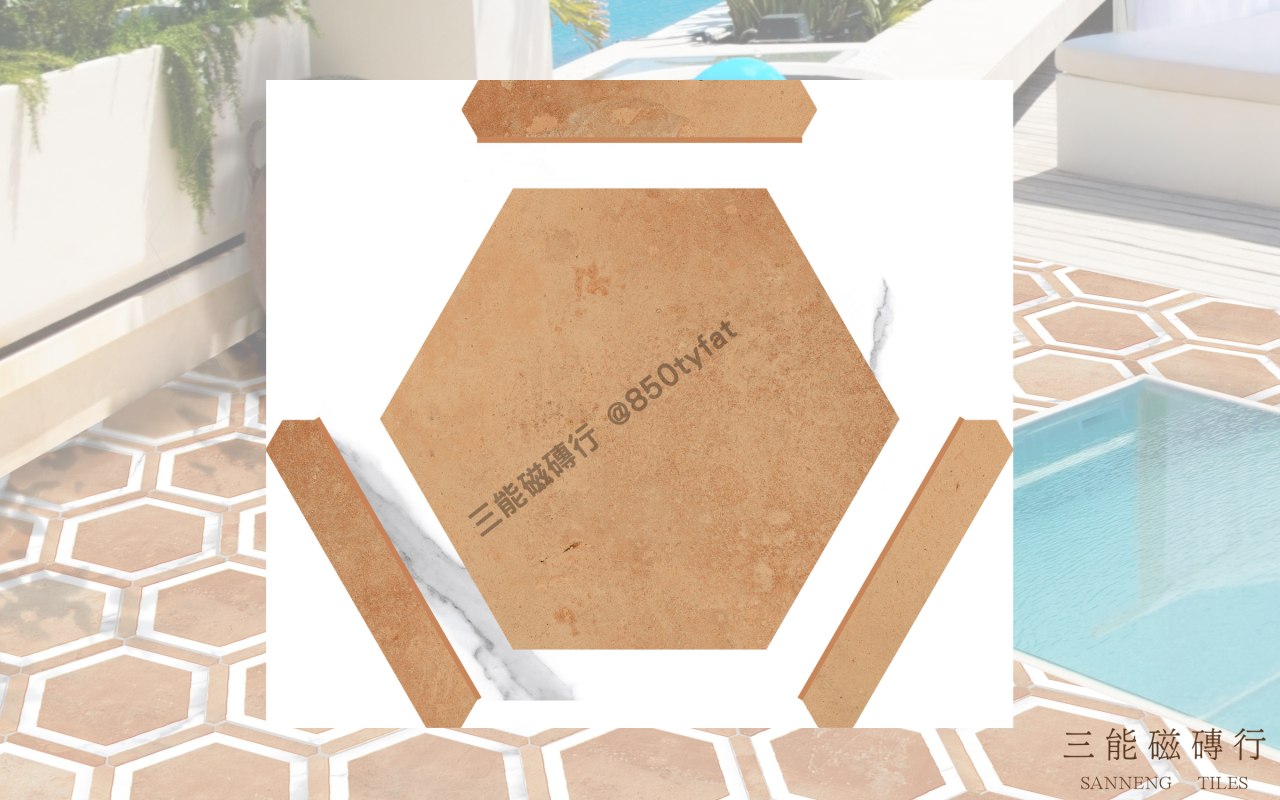 幾何拼嵌系列磁磚，以六角切邊模組搭配木紋、石紋與陶土質感，展現立體拼貼設計與現代幾何風格，三能磁磚行