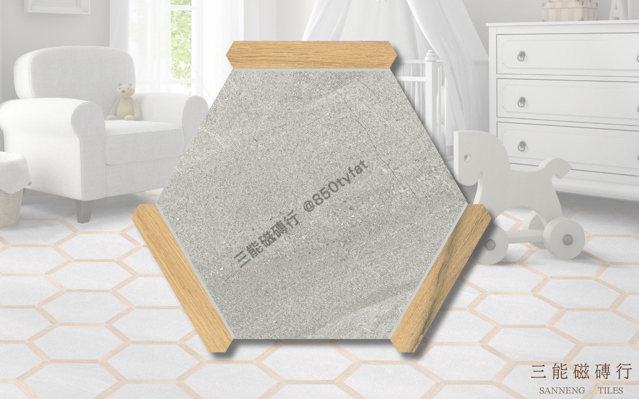 幾何拼嵌系列磁磚，以六角切邊模組搭配木紋、石紋與陶土質感，展現立體拼貼設計與現代幾何風格，三能磁磚行
