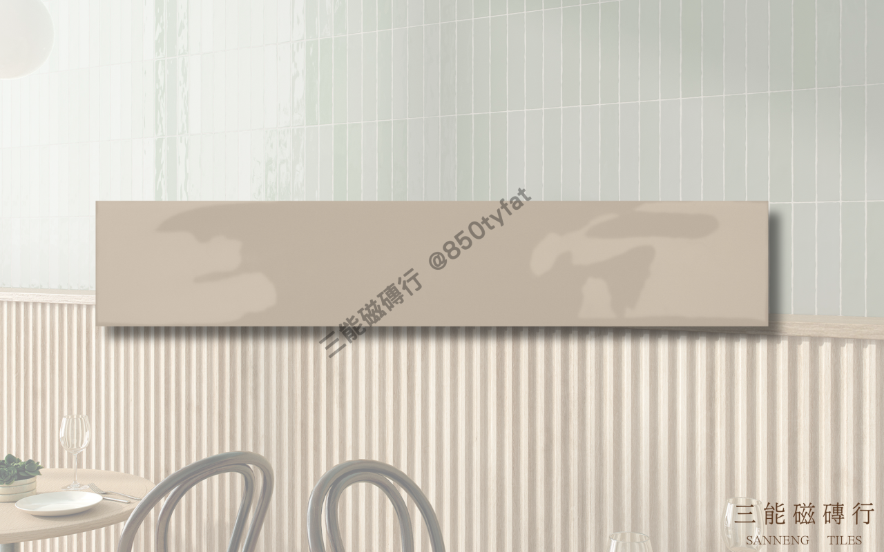 霧光長條系列磁磚，細長亮面設計結合柔霧色系，適用於直貼、錯縫或魚骨拼法，展現現代簡約風格牆面，三能磁磚行