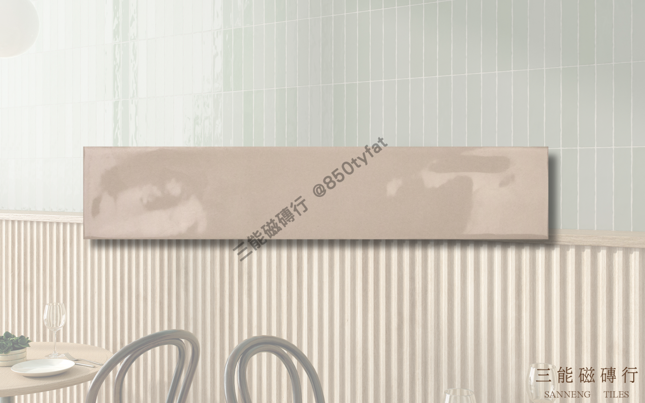 霧光長條系列磁磚，細長亮面設計結合柔霧色系，適用於直貼、錯縫或魚骨拼法，展現現代簡約風格牆面，三能磁磚行