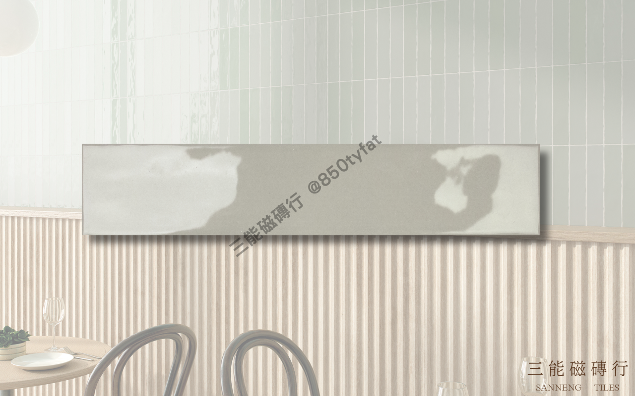 霧光長條系列磁磚，細長亮面設計結合柔霧色系，適用於直貼、錯縫或魚骨拼法，展現現代簡約風格牆面，三能磁磚行