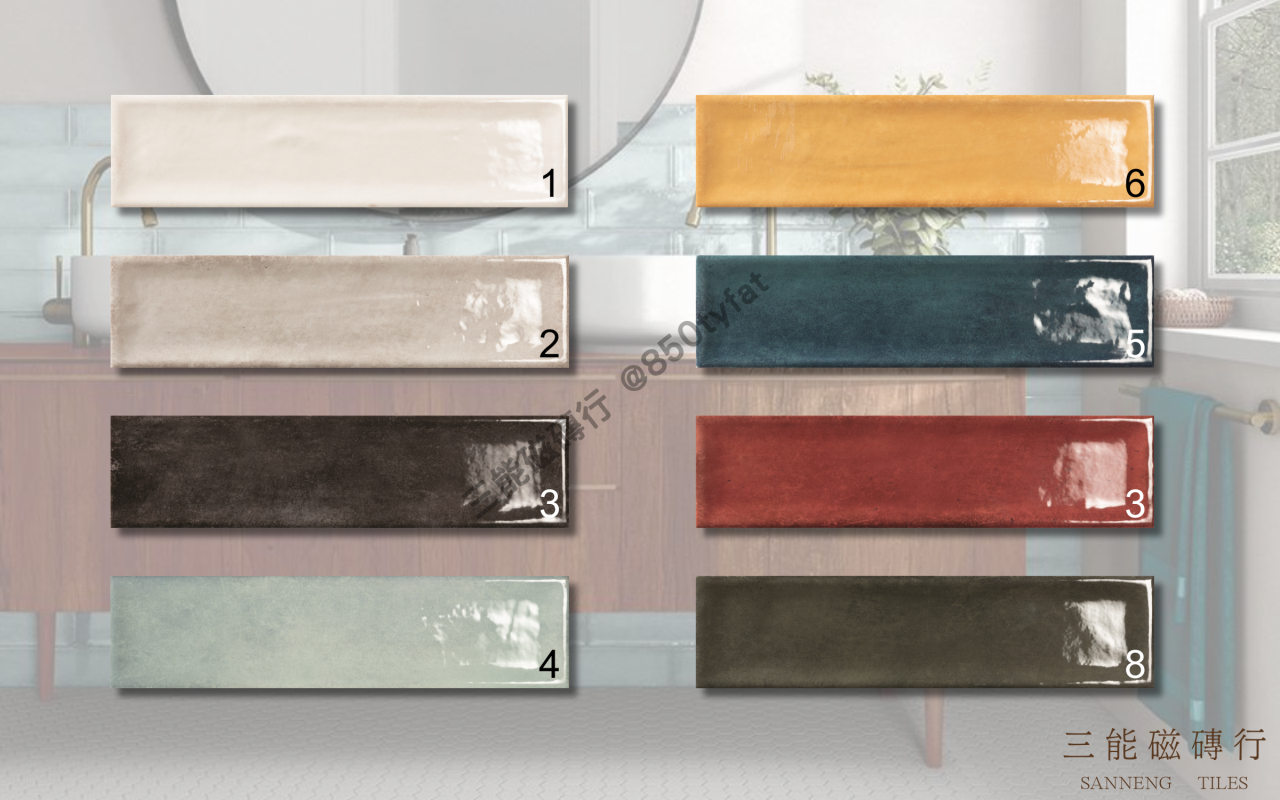 釉光復古系列磁磚，結合手工感亮面釉與復古色系，展現窯變質感與多元鋪貼方式，適合現代復古風格牆面設計，三能磁磚行