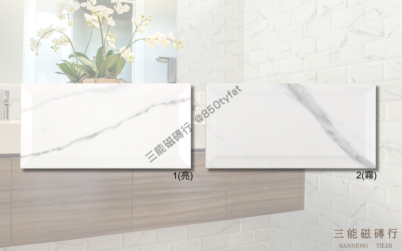 卡拉拉地鐵磚系列磁磚，結合義大利白紋大理石紋理與倒角立體造型，提供亮面與霧面選擇，打造優雅質感牆面，三能磁磚行