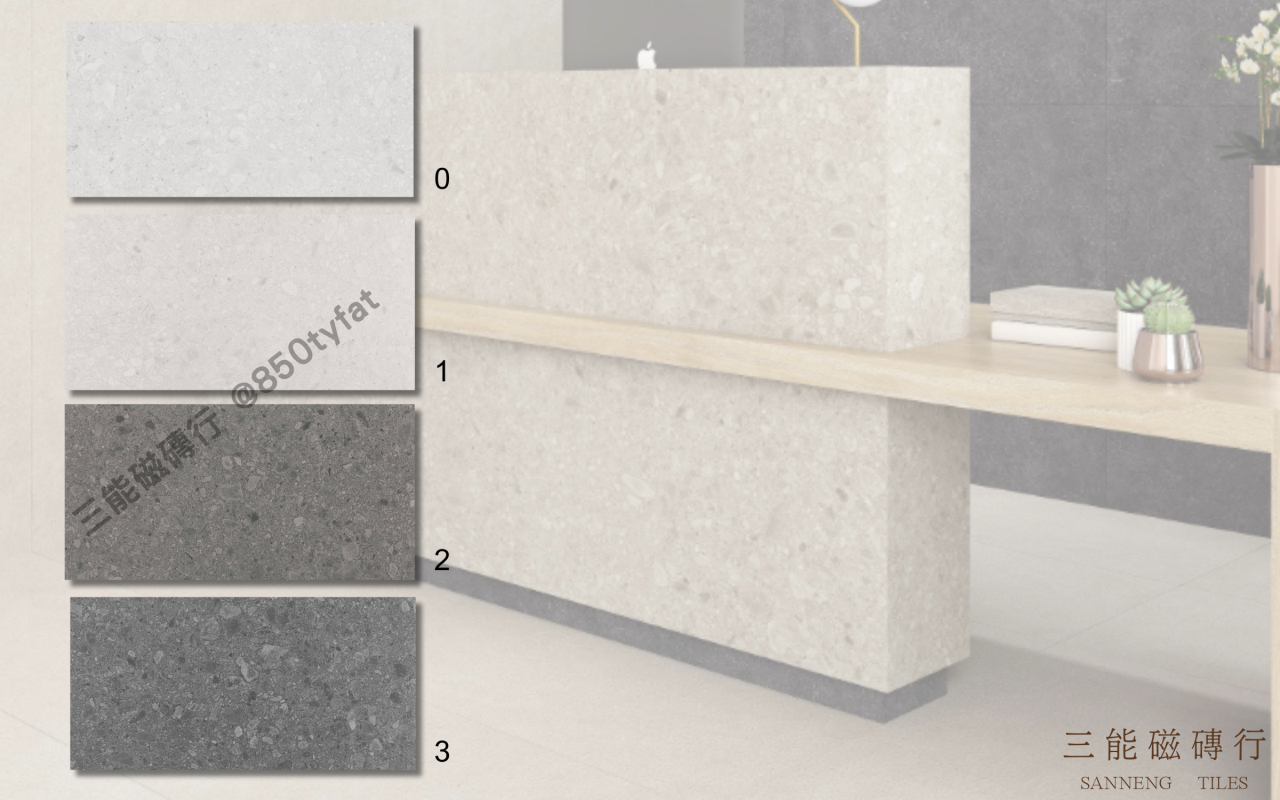 礫光系列磁磚，呈現自然磨石子質感與細緻霧面膚觸，搭配灰白色系展現簡約穩重現代風格，三能磁磚行