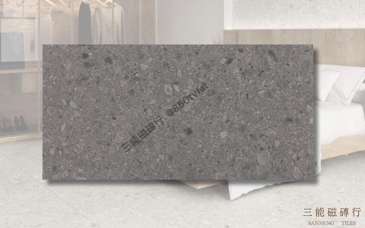 礫光系列磁磚，呈現自然磨石子質感與細緻霧面膚觸，搭配灰白色系展現簡約穩重現代風格，三能磁磚行