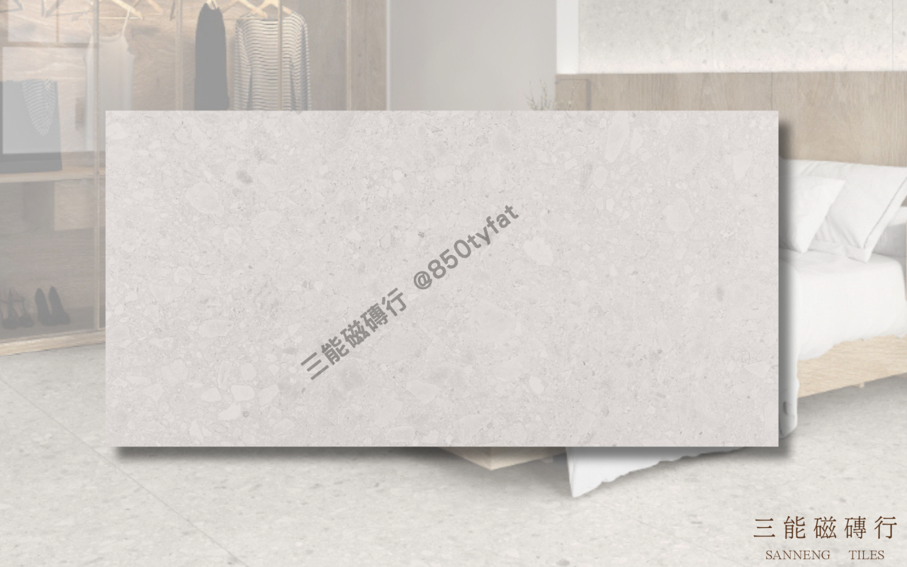 礫光系列磁磚，呈現自然磨石子質感與細緻霧面膚觸，搭配灰白色系展現簡約穩重現代風格，三能磁磚行