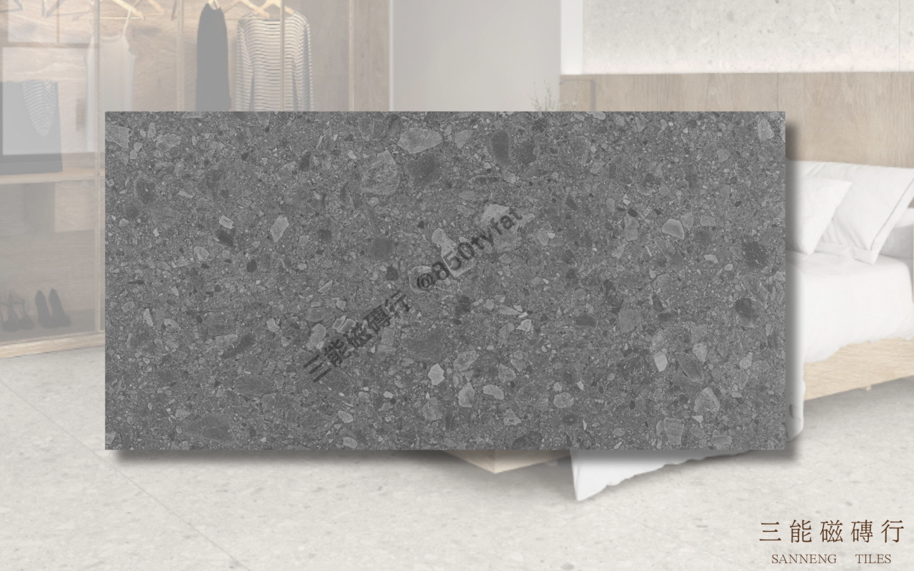 礫光系列磁磚，呈現自然磨石子質感與細緻霧面膚觸，搭配灰白色系展現簡約穩重現代風格，三能磁磚行