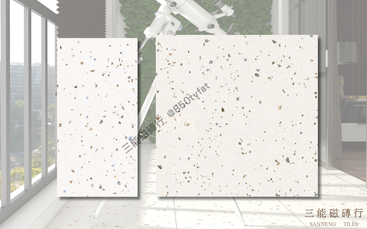星礫系列磁磚，白底搭配不規則彩色礫石紋理，呈現清新簡約磨石子風格，適用於牆地一體鋪設空間，三能磁磚行