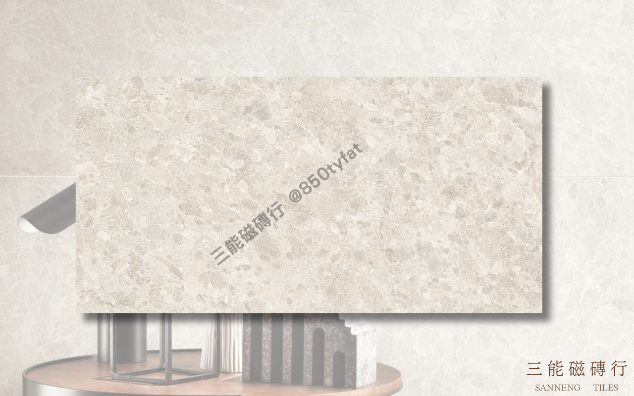 礫岩肌理系列磁磚，融合大小礫石紋理與霧面灰階調性，展現自然與現代兼容的牆地設計風格，三能磁磚行