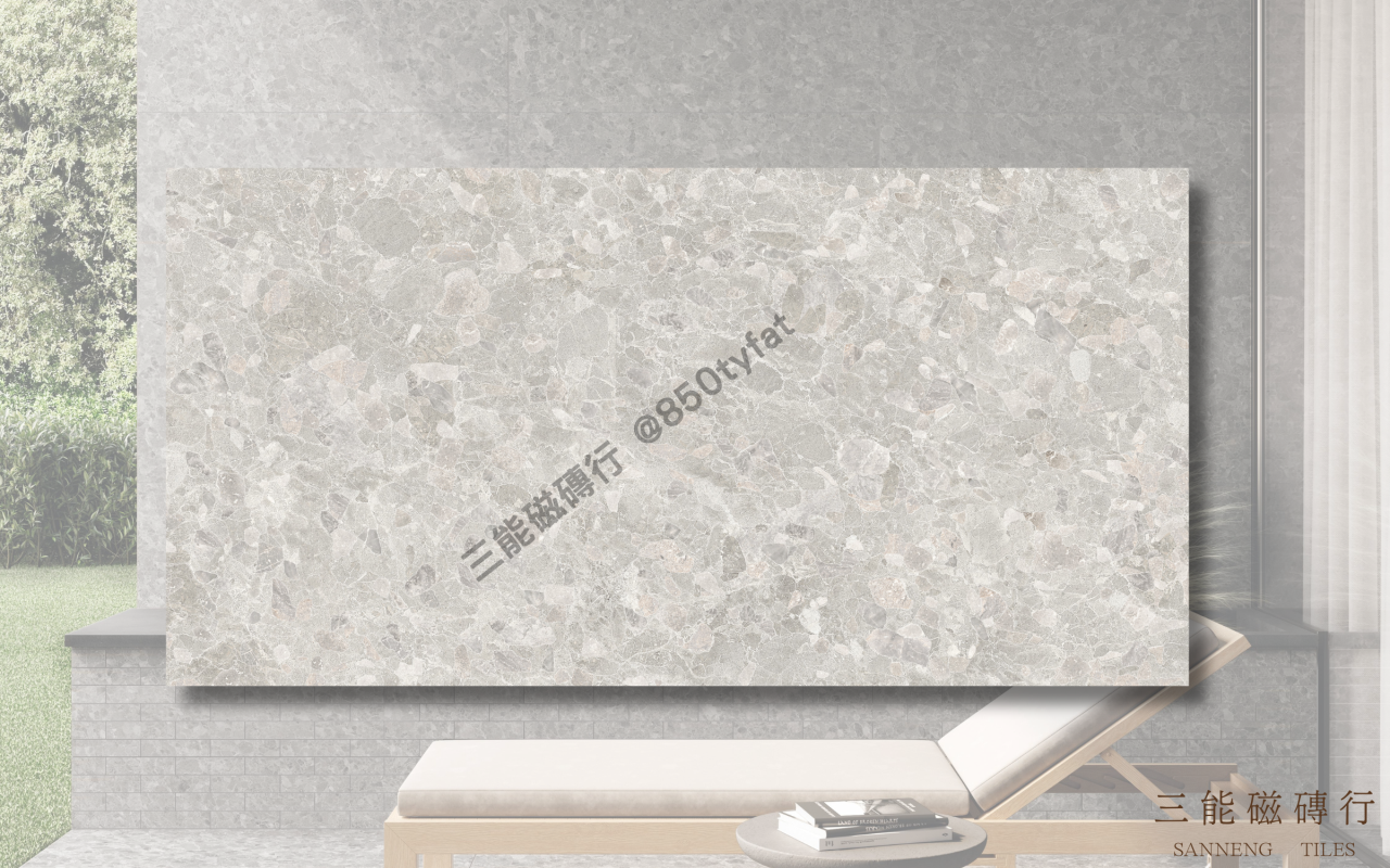 礫岩肌理系列磁磚，融合大小礫石紋理與霧面灰階調性，展現自然與現代兼容的牆地設計風格，三能磁磚行