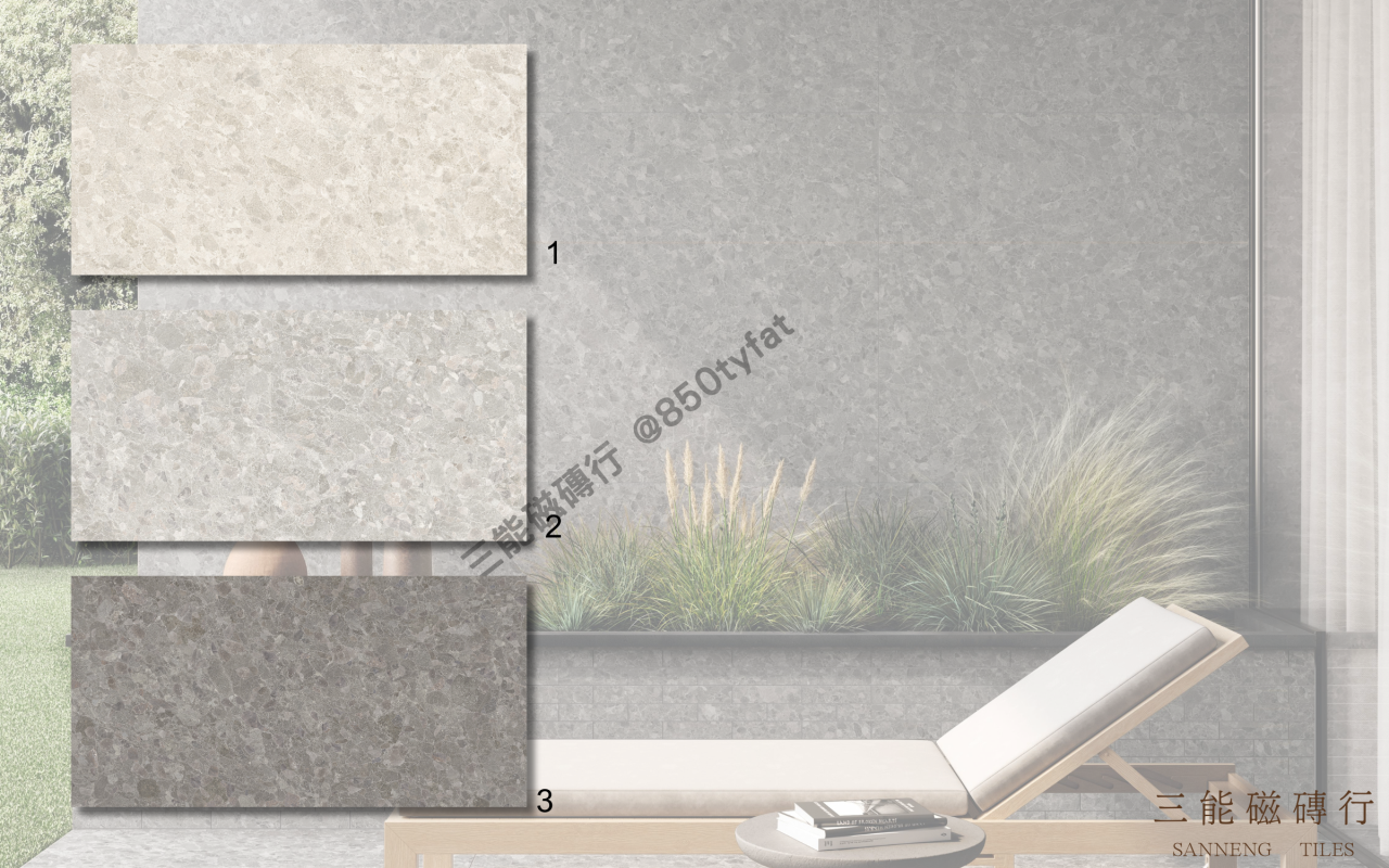 礫岩肌理系列磁磚，融合大小礫石紋理與霧面灰階調性，展現自然與現代兼容的牆地設計風格，三能磁磚行
