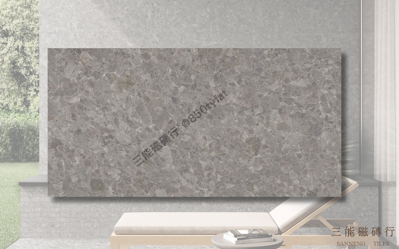 礫岩肌理系列磁磚，融合大小礫石紋理與霧面灰階調性，展現自然與現代兼容的牆地設計風格，三能磁磚行