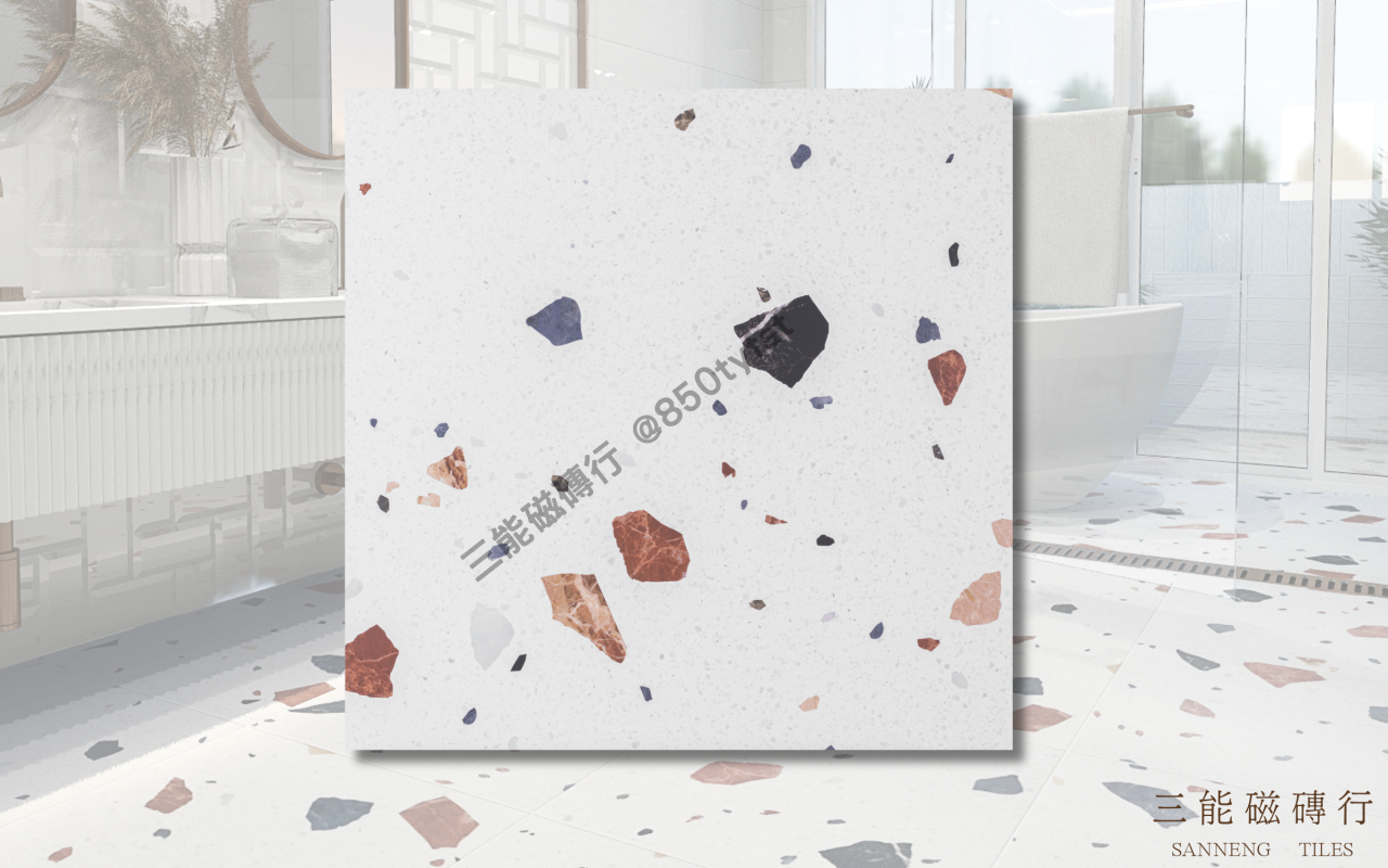 新派水磨石磁磚，白底搭配紅紫色大塊瑪瑙與藍黑晶粒，展現現代藝術與自然礦石質感，三能磁磚行