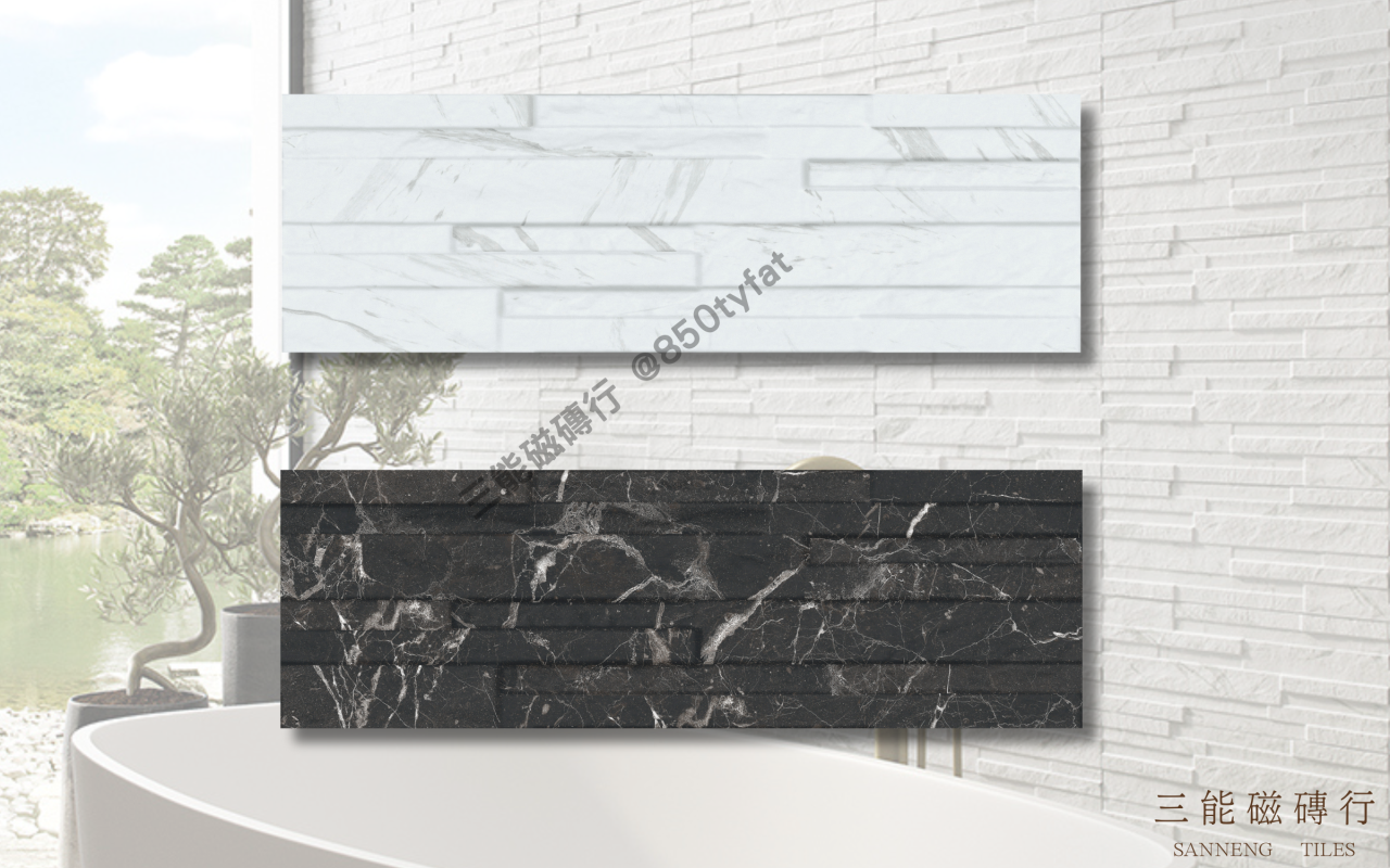 立體切割大理石紋磁磚，白底灰紋與黑底白紋設計，呈現橫向層次感與精品牆面質感，三能磁磚行