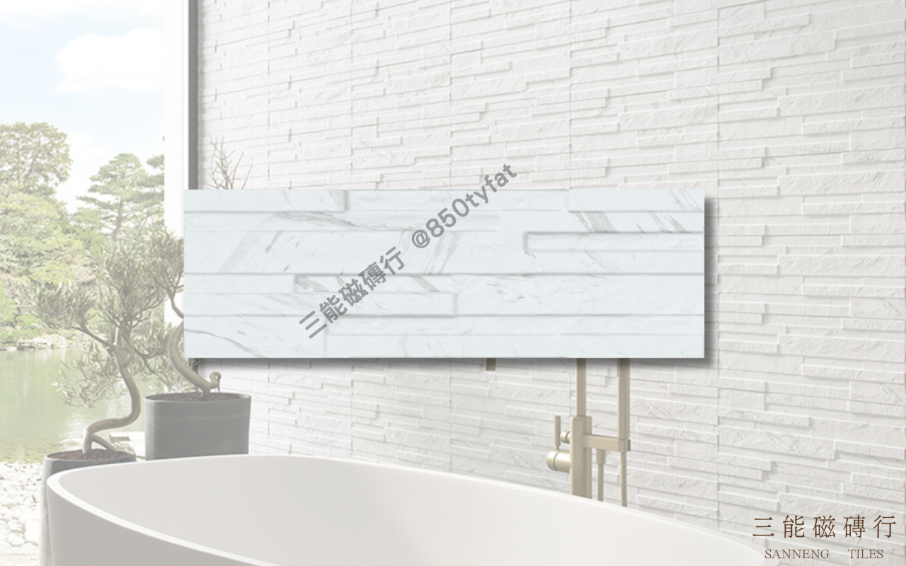 立體切割大理石紋磁磚，白底灰紋與黑底白紋設計，呈現橫向層次感與精品牆面質感，三能磁磚行
