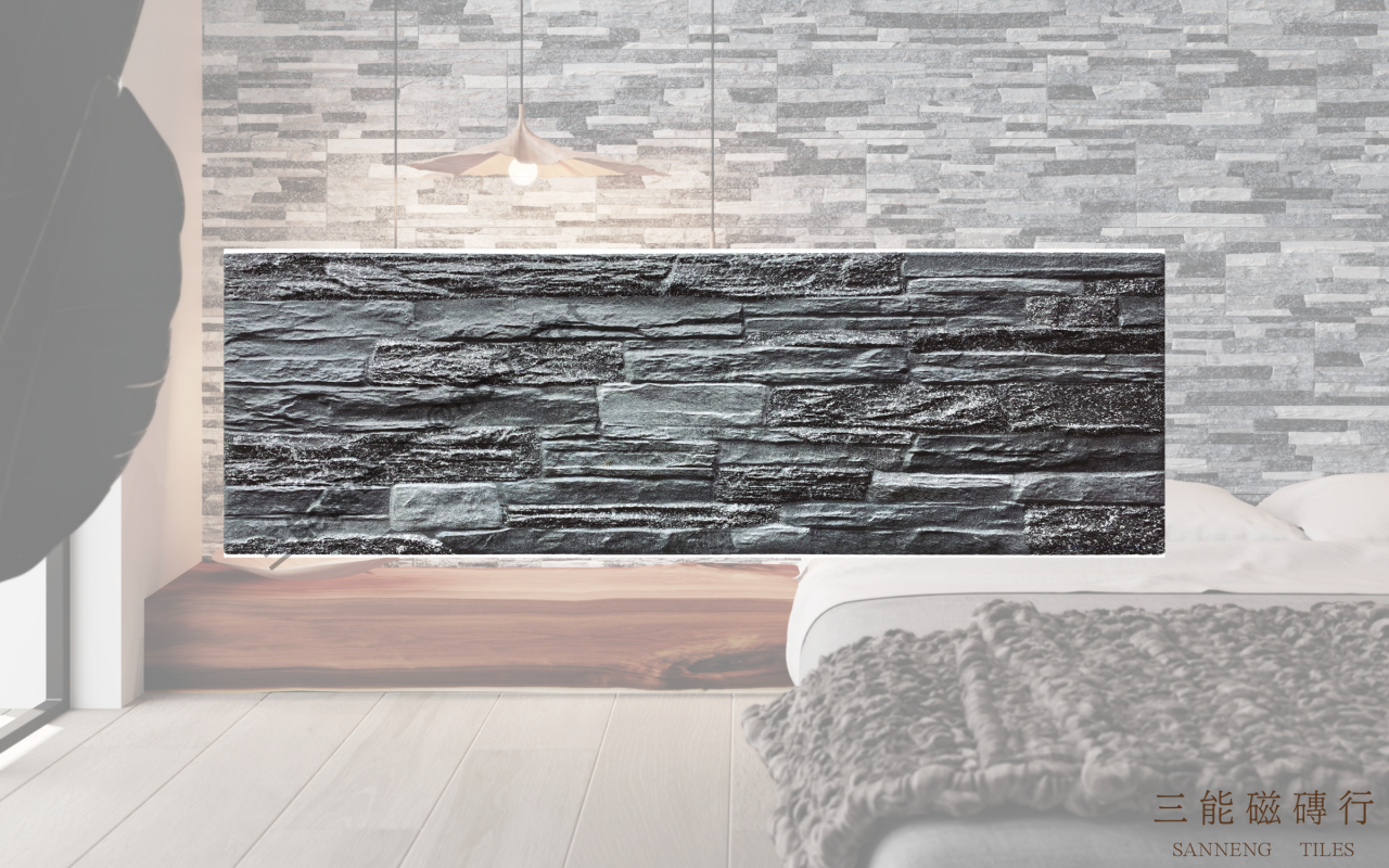 仿天然層岩紋立體牆磚，三色配置包含黃岩、灰岩與黑岩，具備自然層疊凹凸質感，適合牆面裝飾與立體主牆應用，三能磁磚行
