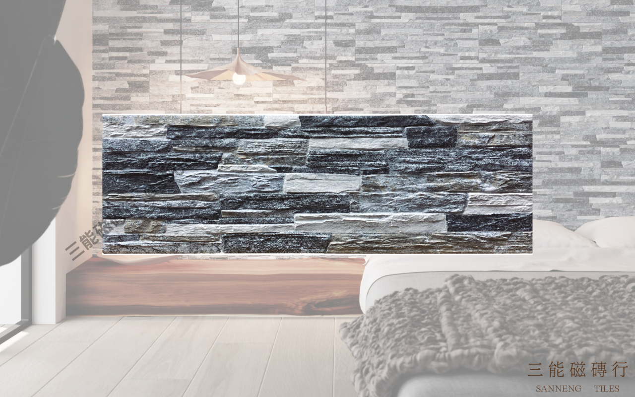 仿天然層岩紋立體牆磚，三色配置包含黃岩、灰岩與黑岩，具備自然層疊凹凸質感，適合牆面裝飾與立體主牆應用，三能磁磚行