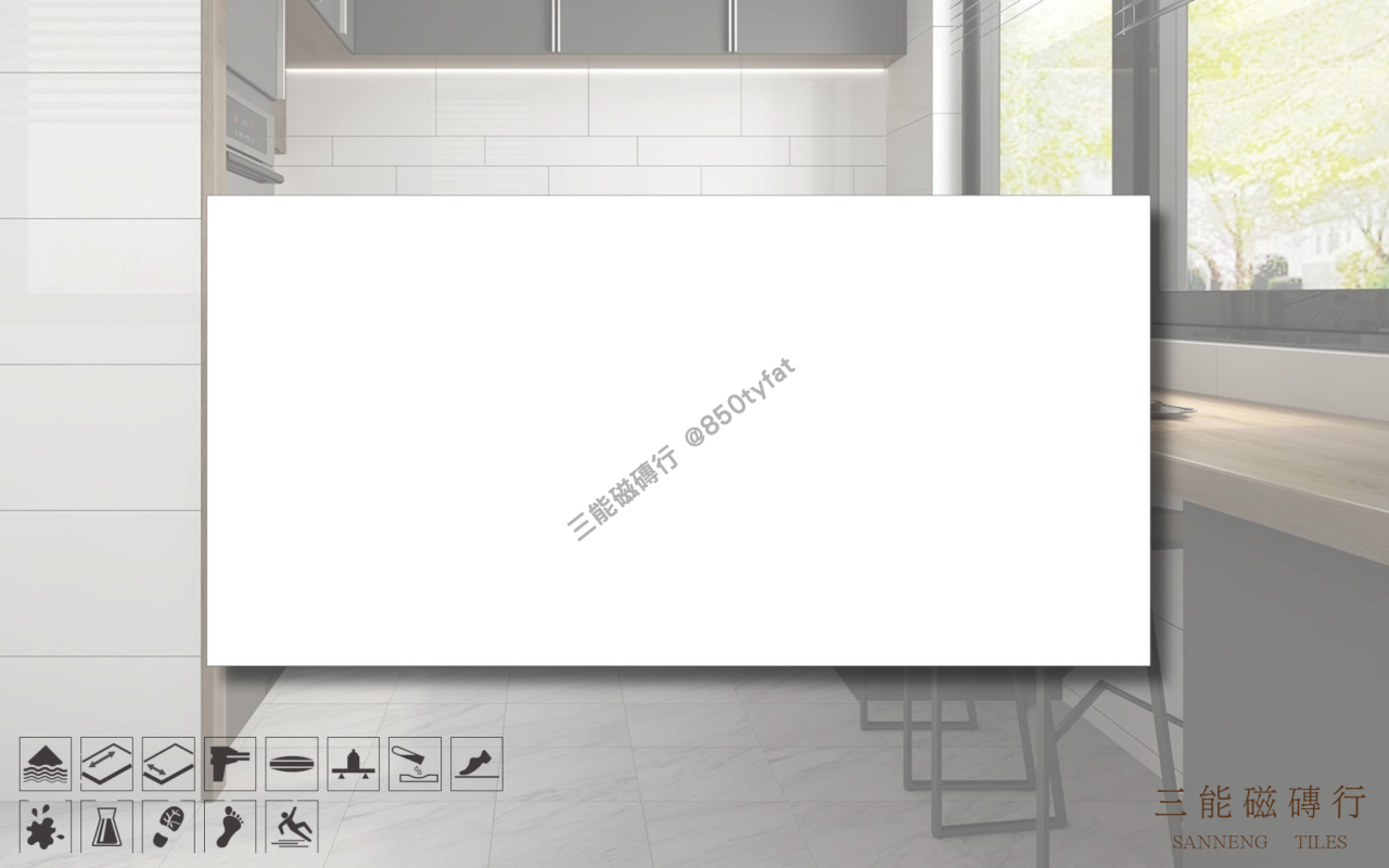 頂上石-純白磁磚，冠軍磁磚 D6300 型號，極簡純白設計適用於現代廚房牆地搭配，三能磁磚行
