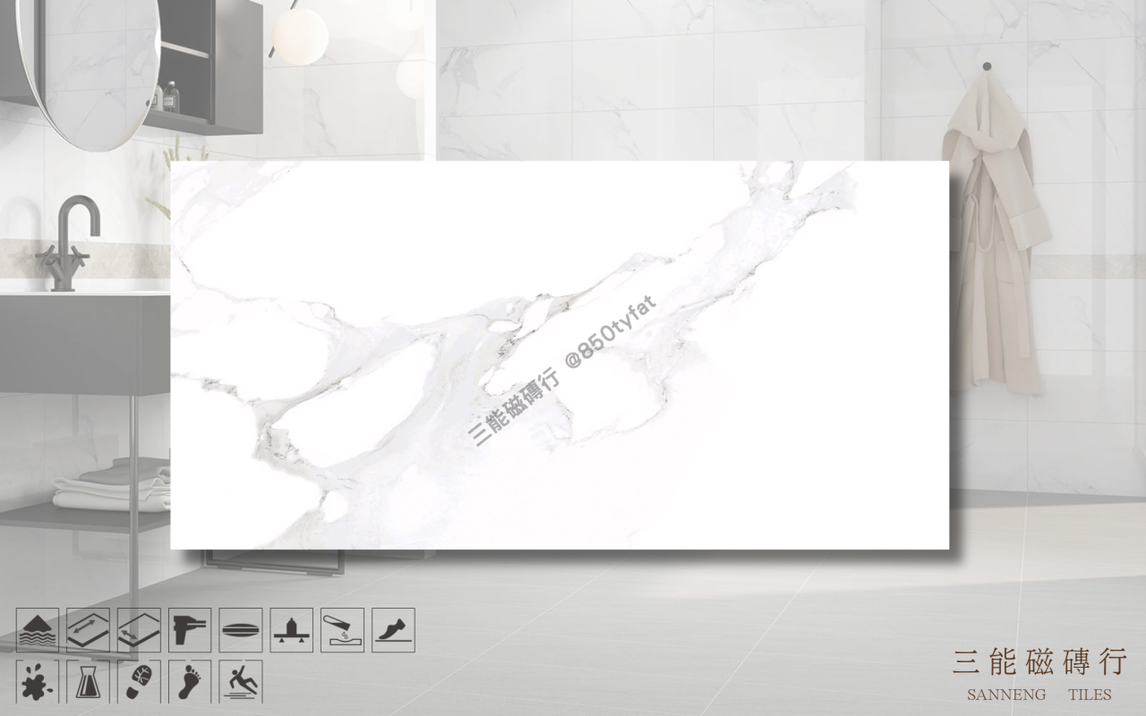 頂上石-卡拉拉白磁磚，冠軍磁磚 D6341 型號，義式卡拉拉大理石紋理設計，純白底色搭配柔灰流紋，三能磁磚行