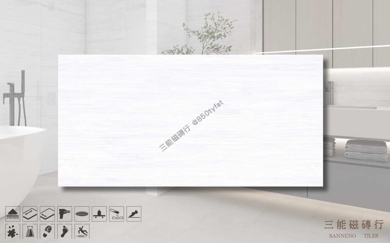 頂上石-白梧桐磁磚，冠軍磁磚 D6342 型號，白色細木紋設計，呈現清新日式與北歐風格質感，三能磁磚行