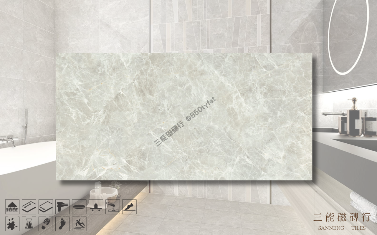 頂上石-拿鐵灰磁磚，冠軍磁磚 D6346 型號，淺灰冰裂紋大理石磁磚，自然光澤質感空間應用，三能磁磚行
