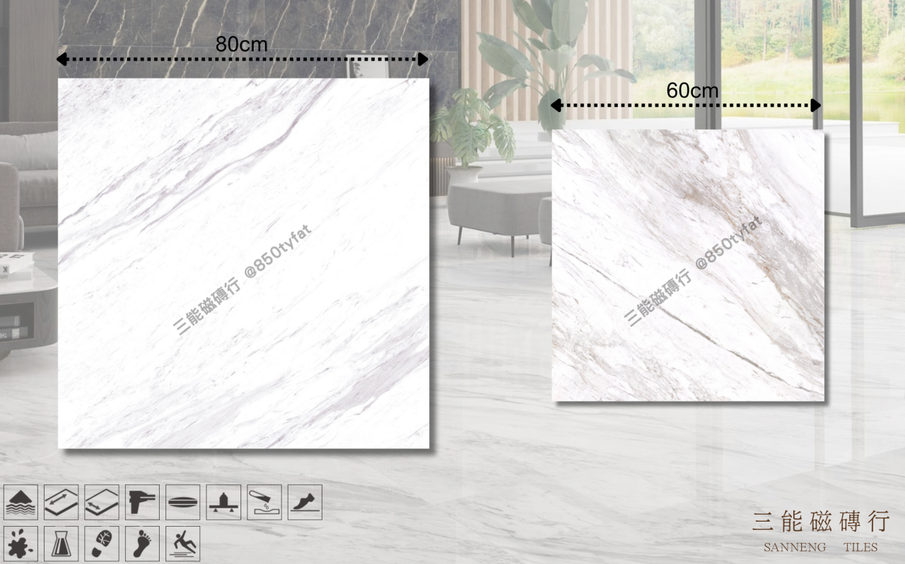 新世紀大理石-爵士白磁磚，冠軍磁磚 DA9002 型號，斜向灰褐石紋設計白底磁磚，呈現空間延展感，三能磁磚行